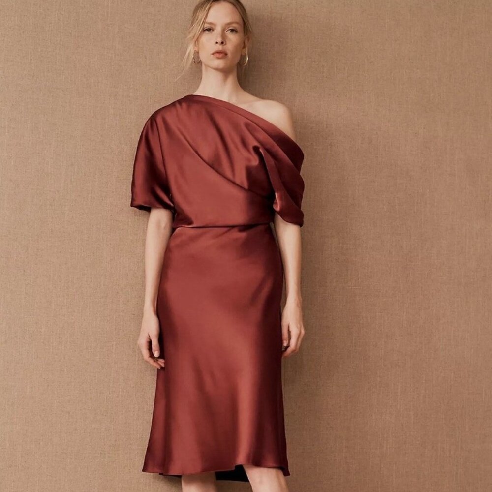 NWT Amsale One-Shoulder Fluid Satin Cocktail Midi Dress